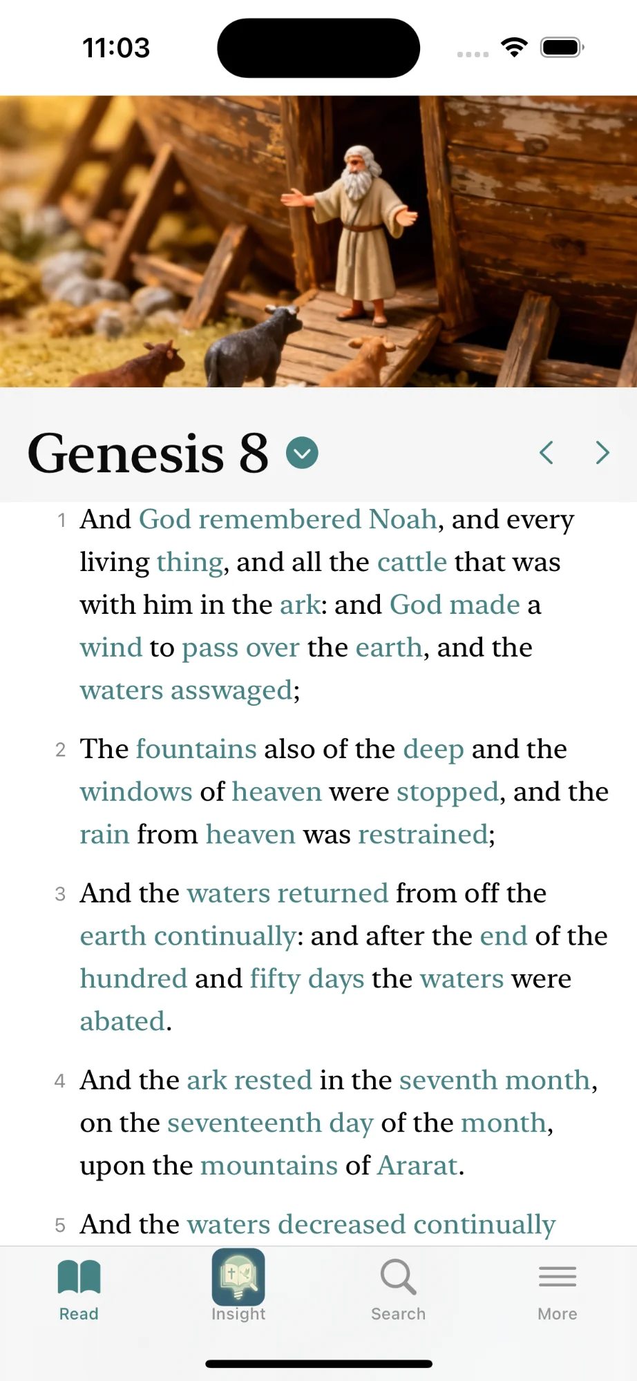 Noah figurine diorama with Genesis 8